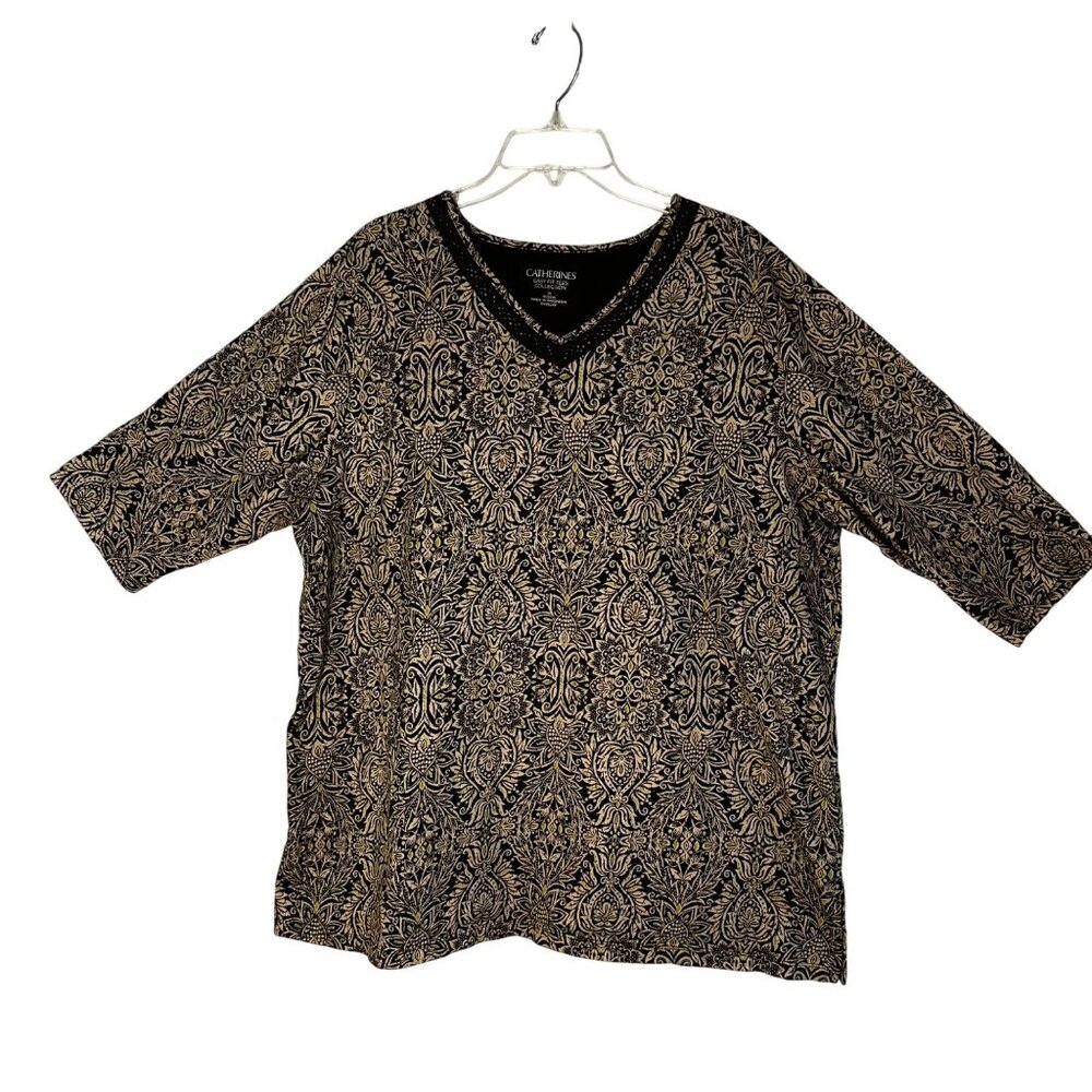 Catherines Easy Fit Tees Collection 1X Olive Green Beige  Paisley V-Neck Top